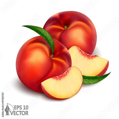 Isolated peaches, nectarines, realistic fresh vitamine fruit with slice, 3d illustration realistic, vector icon