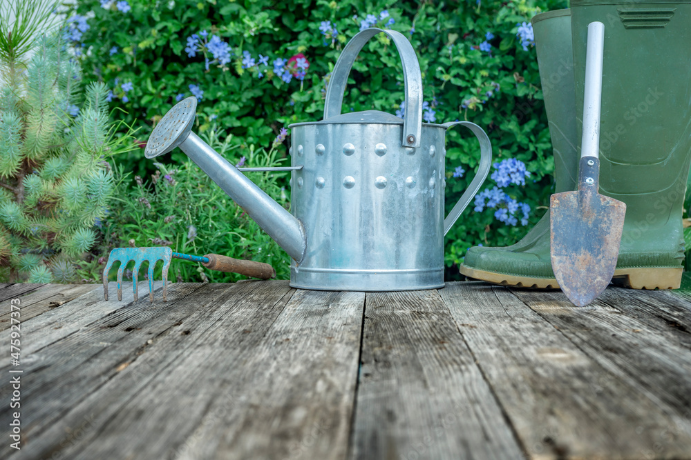 WATERING CAN, WELLIES, SHOVEL AND RAKE ON OLD WOODEN FLOOR. PLANTS AND FLOWERS IN THE BACKGROUND. GARDENING CONCEPT. WATERING CAN, WELLIES, SHOVEL AND RAKE ON OLD WOODEN FLOOR. PLANTS AND FLOWERS IN THE BACKGROUND. GARDENING CONCEPT.
