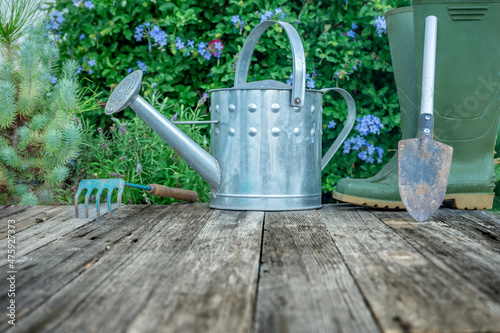 WATERING CAN, WELLIES, SHOVEL AND RAKE ON OLD WOODEN FLOOR. PLANTS AND FLOWERS IN THE BACKGROUND. GARDENING CONCEPT.
