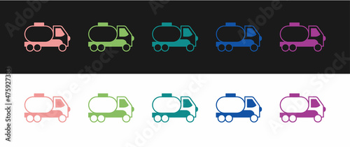 Set Tanker truck icon isolated on black and white background. Petroleum tanker, petrol truck, cistern, oil trailer. Vector