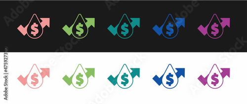 Set Oil price increase icon isolated on black and white background. Oil industry crisis concept. Vector
