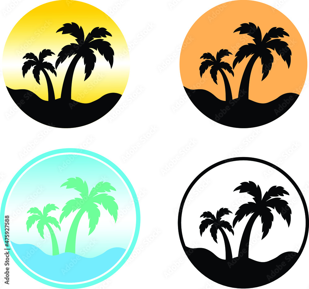 Circular palm tree on a beach vector logo set , sticker, stamp, badges and labels without text for summer vacation and tourism.