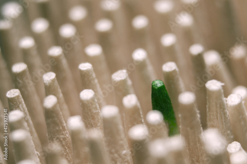 Closeup of a green pencil among colorless bland pencils with a blurry background