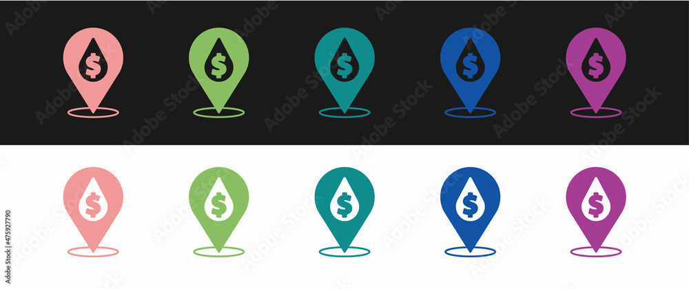 Set Oil drop with dollar symbol icon isolated on black and white background. Oil price. Oil and petroleum industry. Vector Set Oil drop with dollar symbol icon isolated on black and white background. Oil price. Oil and petroleum industry. Vector