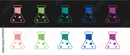 Set Oil petrol test tube icon isolated on black and white background. Cmemistry flask and falling drop. Vector