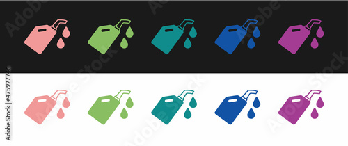 Set Canister for motor machine oil icon isolated on black and white background. Oil gallon. Oil change service and repair. Vector