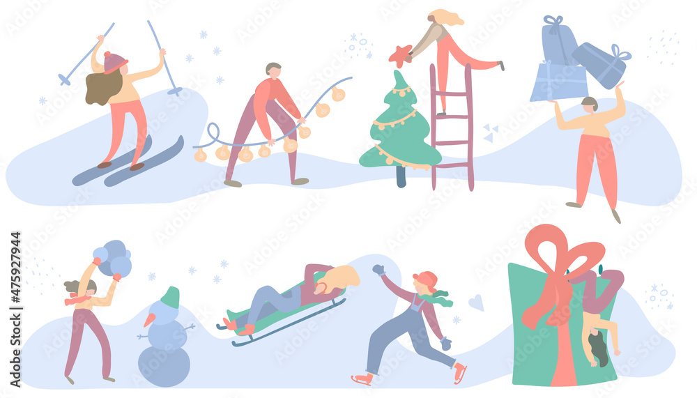Different outdoor winter activities of young people. Family Outdoor Activity christmas Fun Set. Christmas tree, shopping, making a snowman