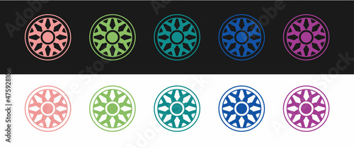 Set Alloy wheel for car icon isolated on black and white background. Vector