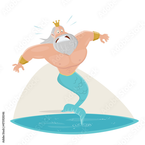 funny cartoon illustration of poseidon or neptune is afraid of going into the water