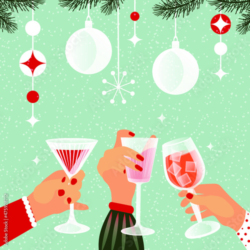 Celebrating New Year and Christmas. Cocktails and alcohol in glasses and glasses are held by people in their hands against the background of garlands on the Christmas tree. Vector.