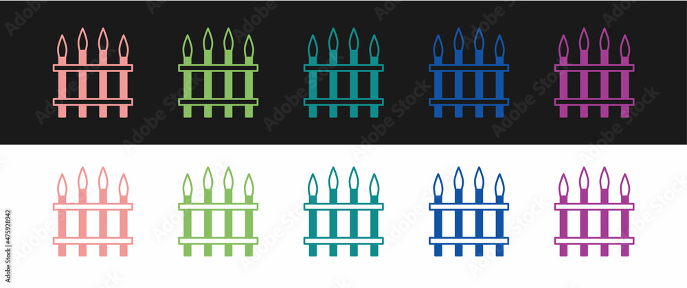 Set Classic iron fence with metal pillars icon isolated on black and white background. Ancient wrought iron fence. Vector Set Classic iron fence with metal pillars icon isolated on black and white background. Ancient wrought iron fence. Vector