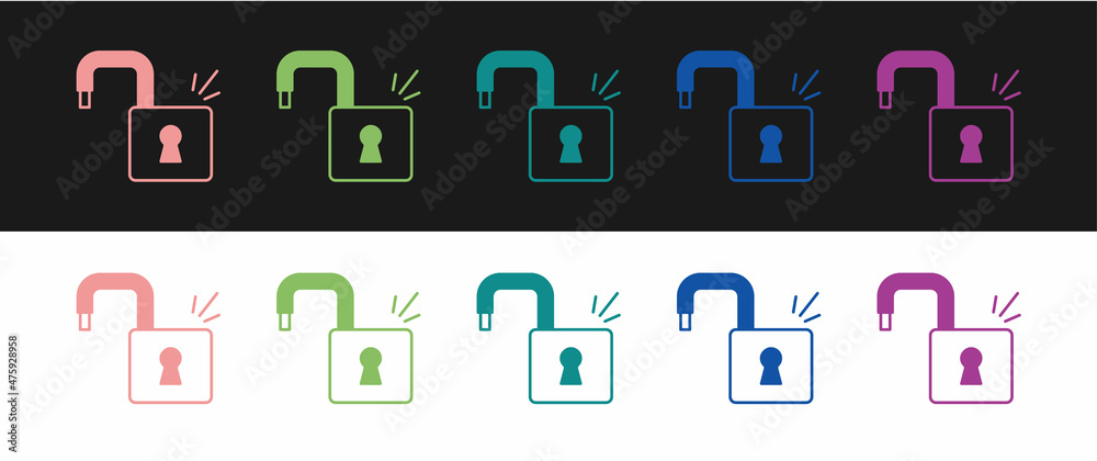 Fototapeta premium Set Open padlock icon isolated on black and white background. Opened lock sign. Cyber security concept. Digital data protection. Vector