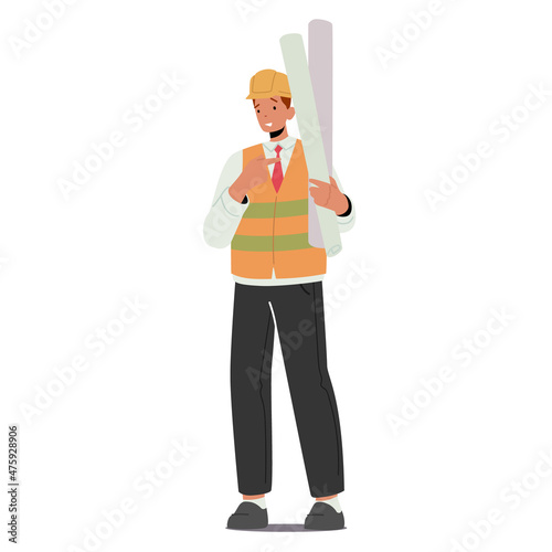 Builder, Engineer or Foreman Character with Blueprint. Architect with House Plan, Professional Architecture Constructor