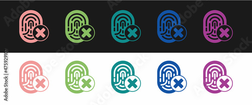 Set Cancelled fingerprint icon isolated on black and white background. Access denied for user concept. Error, fraud. Identification sign. Touch id. Vector