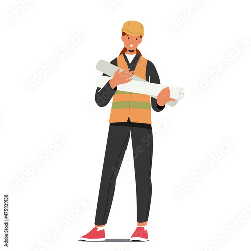 Woman Architect with House Plan, Builder, Construction Engineer Female Character Holding Blueprint Scrolls, Constructor