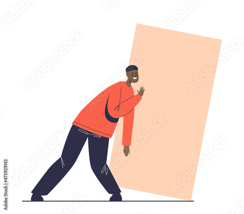 Man pushing rectangle shape. Cartoon male character make effort pushing heavy burden with strength