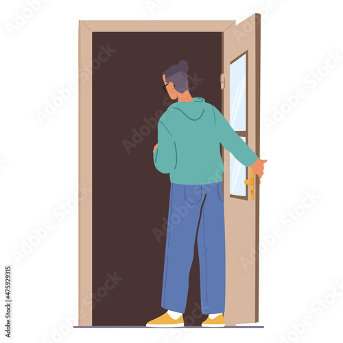 Young Man Stand at Home Doorway Look inside. Male Character Opening Door Isolated on White Background, Invitation
