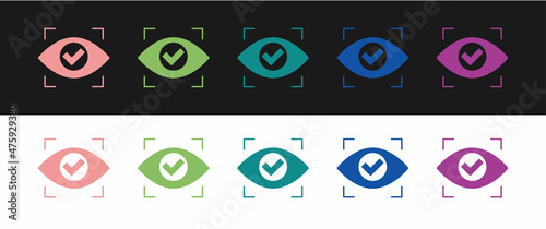 Set Eye scan icon isolated on black and white background. Scanning eye. Security check symbol. Cyber eye sign. Vector