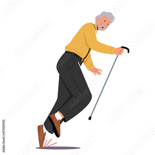 Senior Male Character Stumble the Stone on Road Falling Down on the Ground. Old Man Clumsiness, Failure, Fracture