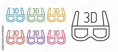 Set line 3D cinema glasses icon isolated on white background. Set icons colorful. Vector