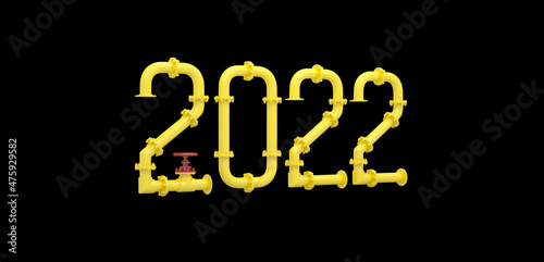 The new Year 2021 is made of yellow pipes and red cranes isolated on a black background. 3D render.