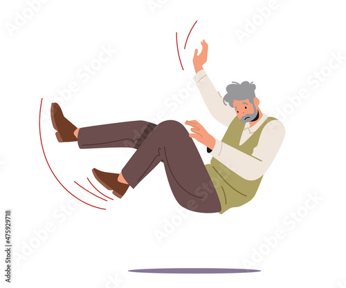 Careless Senior Man Falling on Back, Old Male Character Falling Down on the Ground due Stumble, Slippery Road