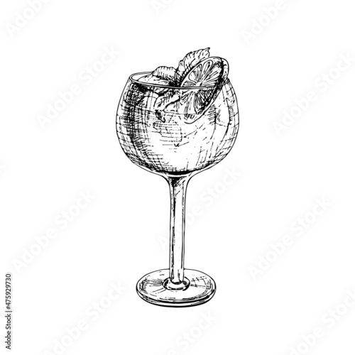 Cuba libre cocktail. Vintage hatching vector illustration. Isolated on white