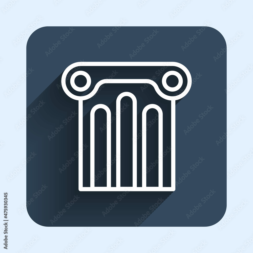 White line Ancient column icon isolated with long shadow background. Blue square button. Vector White line Ancient column icon isolated with long shadow background. Blue square button. Vector