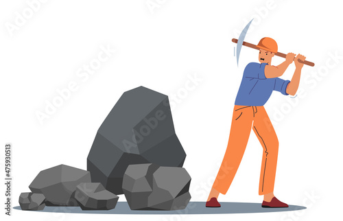 Miner with Pickaxe Digging Soil Explore Fossil on Quarry Pit, Mineral Exploration, Coal Mining Industry Concept