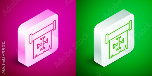 Isometric line Crusade icon isolated on pink and green background. Silver square button. Vector