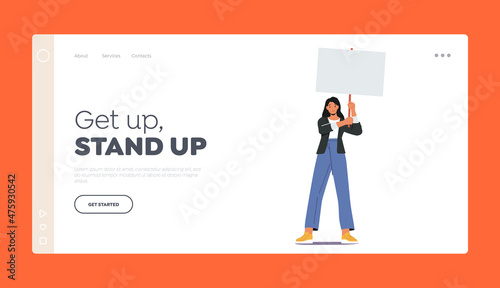 Woman with Protest Banner Landing Page Template. Female Character Fighting for Human Rights, Protesting Against War