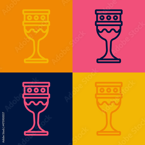 Pop art line Medieval goblet icon isolated on color background. Holy grail. Vector