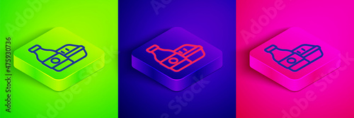 Isometric line Online ordering and fast food delivery icon isolated on green, blue and pink background. Square button. Vector