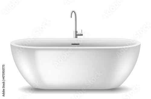 Realistic detailed modern white bath with faucet element of bathroom. Stylish acrylic bathtub