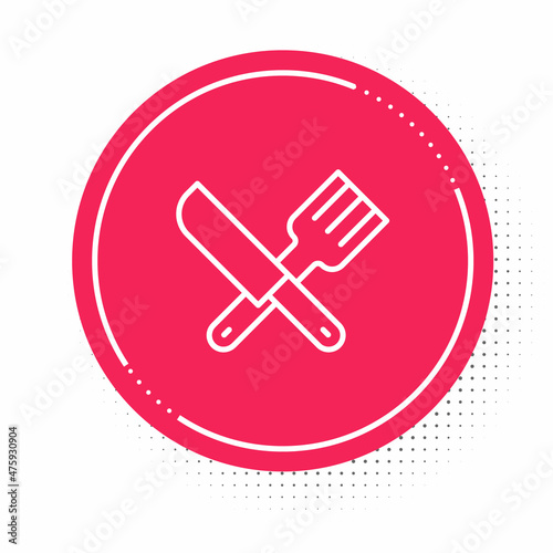 White line Crossed knife and fork icon isolated on white background. Cutlery symbol. Red circle button. Vector