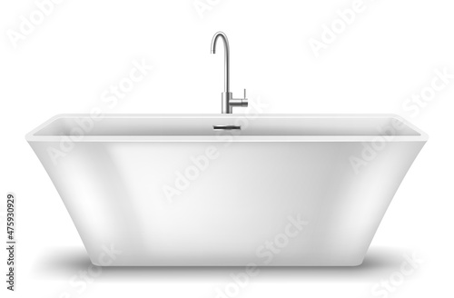Modern ceramic white bathtub from bathroom interior with faucet isolated. Stylish acrylic bath tub