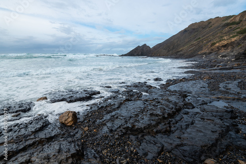 Aljezur coast of the Algarve, Portugal. Winter time, high tide.