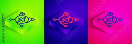 Isometric line Blockchain technology Bitcoin icon isolated on green, blue and pink background. Abstract geometric block chain network technology business. Square button. Vector