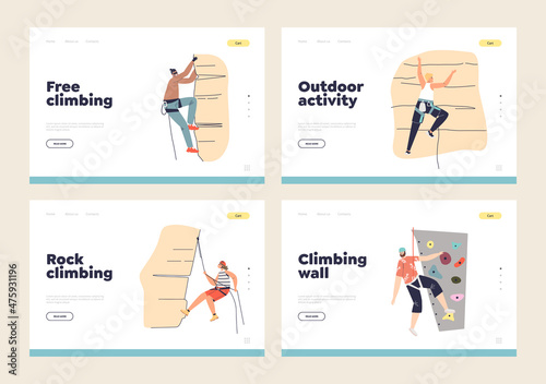 Set of landing page with climber athletes. Men and women climbing mountain cliff, rock, wall
