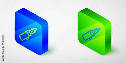 Isometric line Soldering iron icon isolated on grey background. Blue and green square button. Vector