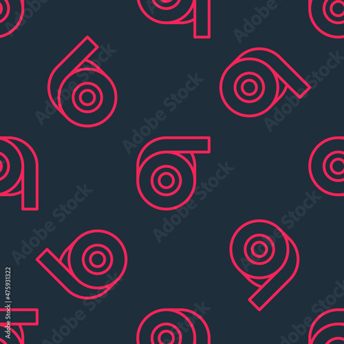 Red line Scotch tape icon isolated seamless pattern on black background. Roll adhesive tape. Insulating tape. Vector