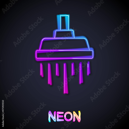 Glowing neon line Shower head with water drops flowing icon isolated on black background. Vector