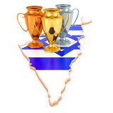 Trophy Cups on Israeli map. Sport Tournaments in Israel, concept. 3D rendering