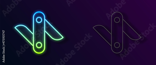 Glowing neon line Swiss army knife icon isolated on black background. Multi-tool, multipurpose penknife. Multifunctional tool. Vector