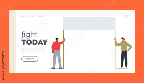 Activist Characters with Banner Landing Page Template. Protesting People with Placard or Signboard on Revolution Strike