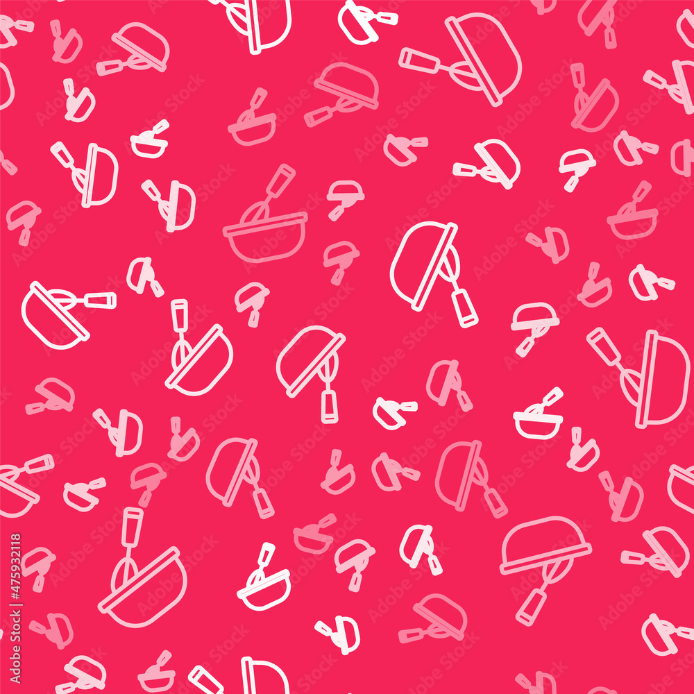 White line Cooking whisk with bowl icon isolated seamless pattern on red background. Cooking utensil, egg beater. Cutlery sign. Food mix symbol. Vector White line Cooking whisk with bowl icon isolated seamless pattern on red background. Cooking utensil, egg beater. Cutlery sign. Food mix symbol. Vector