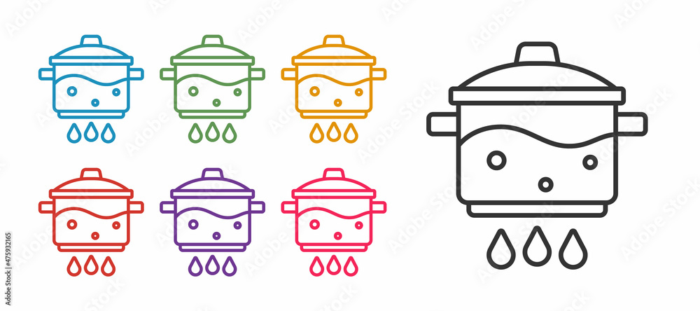 Set line Cooking pot on fire icon isolated on white background. Boil or stew food symbol. Set icons colorful. Vector