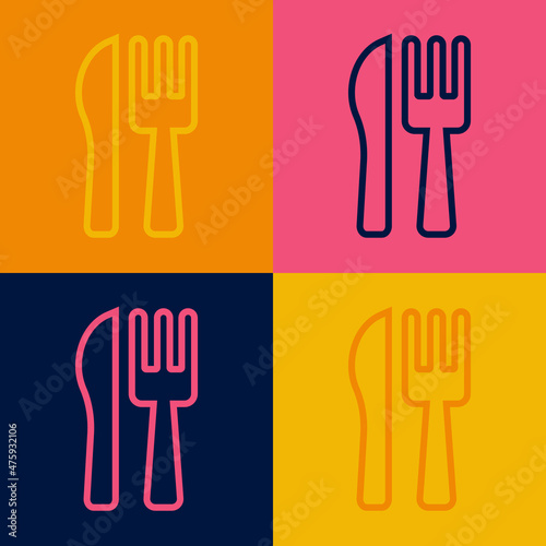Pop art line Crossed knife and fork icon isolated on color background. Cutlery symbol. Vector