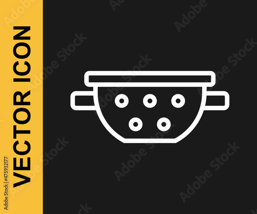 White line Kitchen colander icon isolated on black background. Cooking utensil. Cutlery sign. Vector