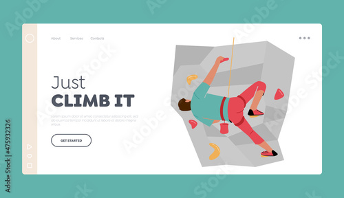 Sportsman Climb Up Rock Landing Page Template. Male Character Rock Climber in Rope Park, Man Climbing Wall with Grips